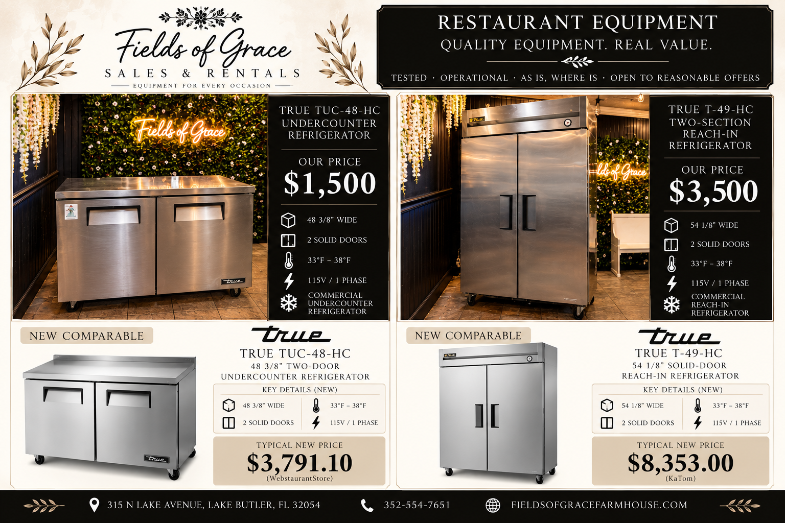 Equipment for sale: True TUC-48-HC Undercounter Refrigerator and True T-49-HC Two-Section Reach-In Refrigerator