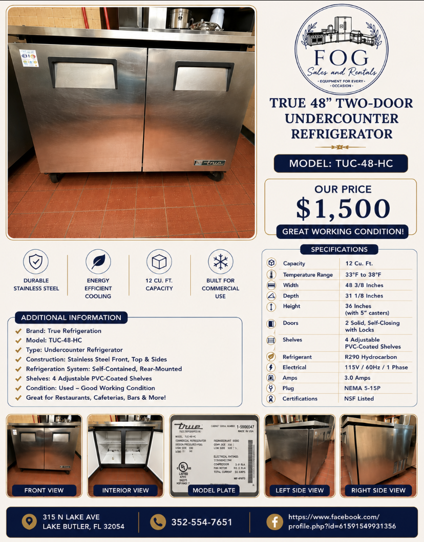 True 48" Two-Door Undercounter Refrigerator