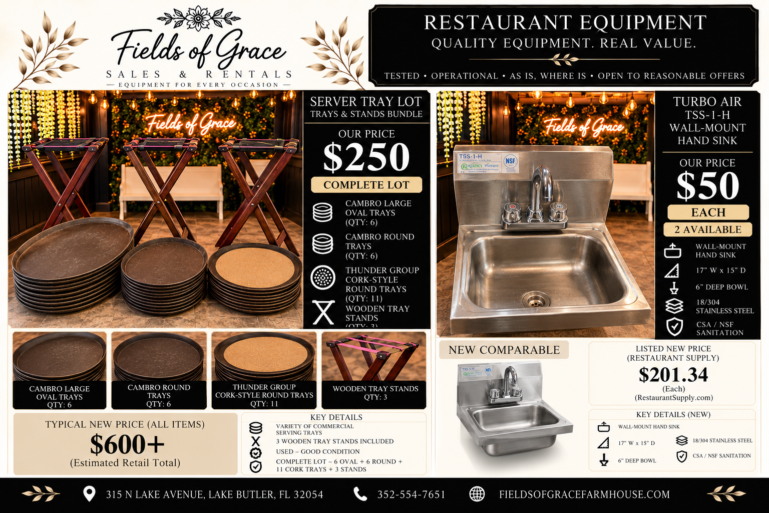 Equipment for sale: Server Tray Lot — Trays & Stands Bundle and Turbo Air TSS-1-H Wall-Mount Hand Sink