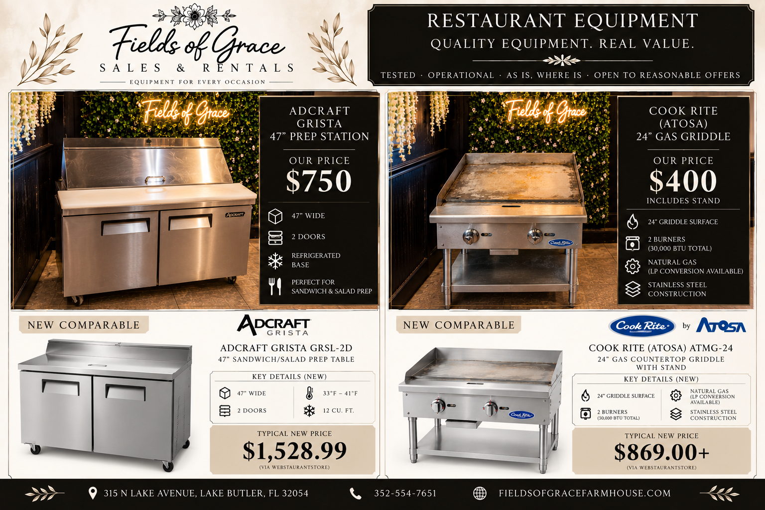 Equipment for sale: Adcraft Grista 47" Prep Station and Cook Rite 24" Gas Griddle