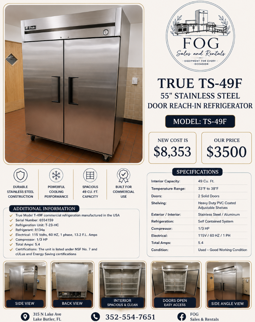 True TS-49F 55" Stainless Steel Door Reach-In Refrigerator