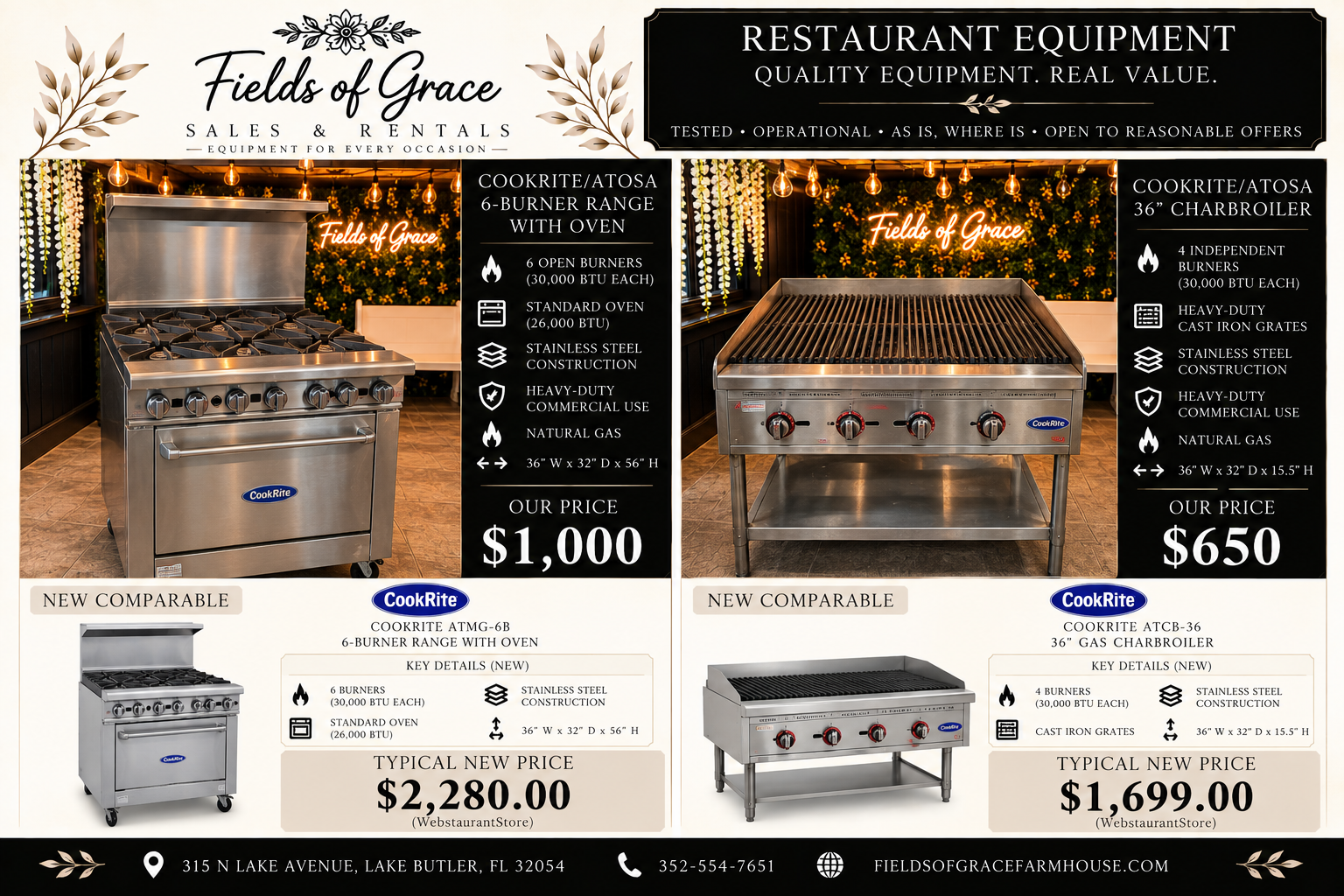Equipment for sale: CookRite 6-Burner Range with Oven and CookRite 36" Charbroiler